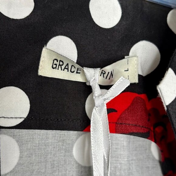 Grace Karin 1950s Polka Dot Roses Cotton Cap Sleeved Dress - Red/Black/White - L - Picture 7 of 10